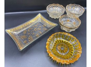 Vintage Georges Briard Tray, Pasari Ashtray From Indonesia & 3 Small Crystal Bowls With Gold Accents