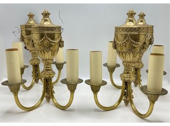 4 Vintage Ornate Brass Wall Sconces With 2 Bulbs Each