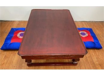 Vintage Carved Wood Low Japanese Dining Table With 2 Large Embroidered Silk Cushions