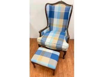 Vintage Hand Carved Wood Arm Chair & Ottoman, Reupholstered