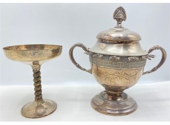 Vintage Silver Plate Crosby Goblet, Spain & Deer Park Quadruple Silver Plate Covered Pedestal Bowl