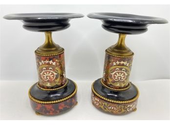 Set Vintage Hand Painted Wood Candle Holders With Gold Accents