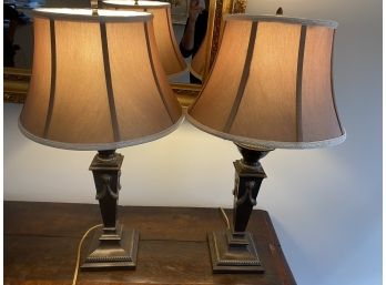 Pair Metal Lamps With Gold Fabric Shades