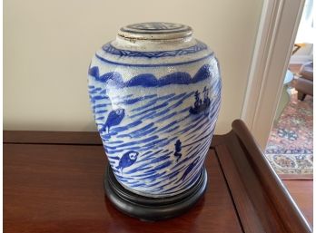 Blue And White Lidded Jar With Wood Base