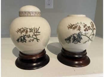 Pair Lidded Jars With Wood Bases
