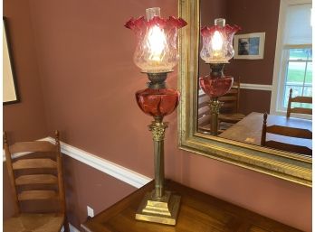 Gorgeous Ruby Glass And Brass Lamp