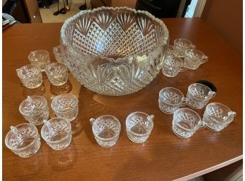 Large Vintage Lead Glass Punch Bowl And 18 Cups With Handles