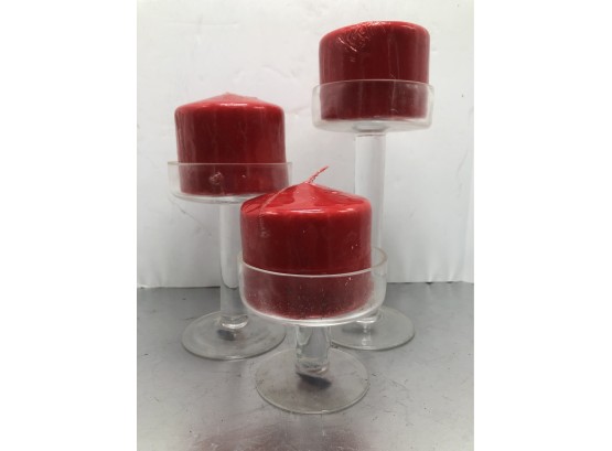 3 Glass Pillar Candle Holders - Unused Candles