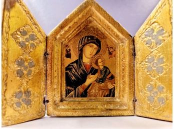 Vintage Gilt Wood Gesso Triptych Madonna And Child