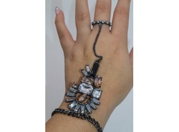 Beautiful Black Metal Bracelet And Ring With Sparkly Stones