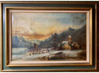 19th C. Oil On Canvas, European Winter Scene On Water, Signed F.E.P.