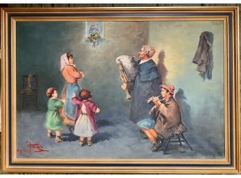 Oil On Canvas, Woman And Children Listen To Musicians, Signed