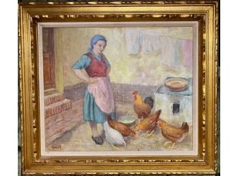 Oil On Canvas, Woman With Chickens, Signed Lovrits