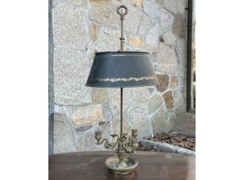 An Antique Brass Banker's Lamp With Tole Painted Metal Shade