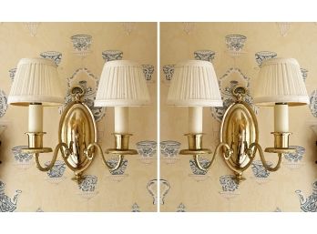 A Pair Of Chrome Sconces With Silk Shades