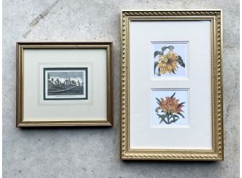A Pairing Of Small Framed Artworks - Hand Colored Etching Of Weston, CT And Botanical Themed