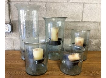 A Set Of 5 Large Glass Candle Holders, Possibly Simon Pearce