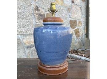 A Large Glazed Ceramic Lamp On Mahogany Base