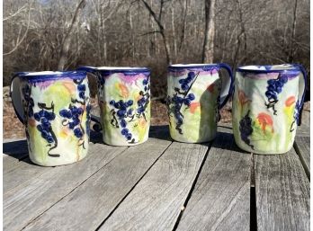 A Set Of 4 Hand Painted Majolica Mugs - Signed On Base
