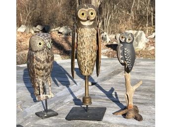 A Trio Of Early 20th Century Carved Wood Owls - Whirl-i-Gig's And Stationary