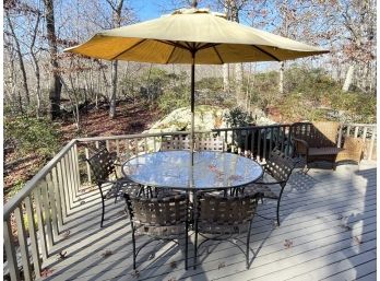 A Glass Top Dining Table And Set Of 6 Chairs By Brown Jordan With Sunbrella Umbrella - SEE NOTE