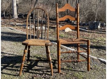A Pairing Of Antique Rush Seated Side Chairs - Ladder Back And Spindle Back