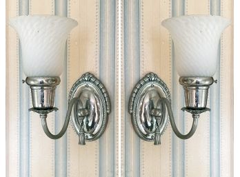A Pair Of Chrome And Frosted Glass Wall Sconces