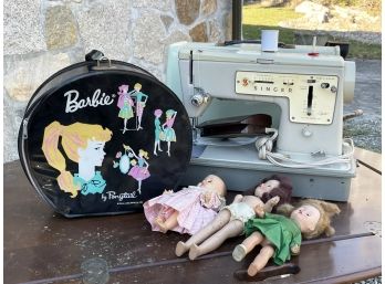 Vintage Barbie Case, Assorted Dolls, And Singer Sewing Machines