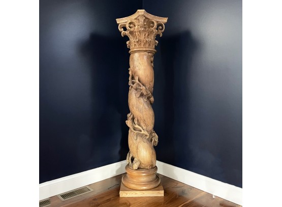 A Massive Antique Carved Wood Architectural Column, Currently Used As Art Pedestal