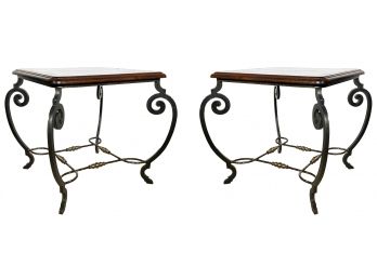 A Pair Of Wrought Iron And Hard Wood End Tables