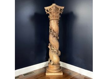 A Massive Antique Carved Wood Architectural Column, Currently Used As Art Pedestal