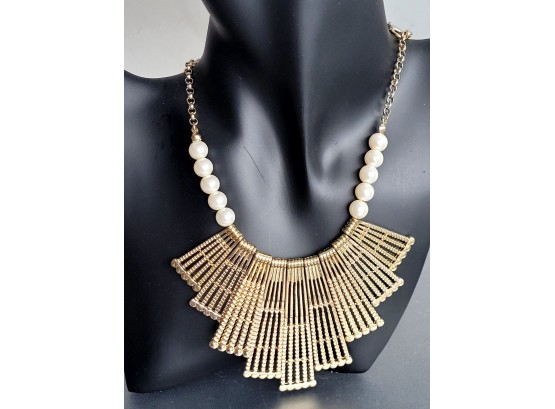 Gold Tone & Faux Pearl Vintage Cleopatra Style Bib Necklace