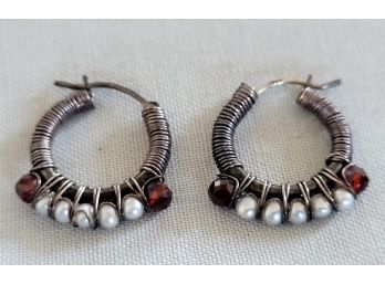 Sterling Silver Small Hoop Earrings With Seed Pearls And Garnet Stones
