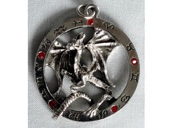 Vintage Circular Dragon & Astrology Symbols Silver Tone Large Pendant