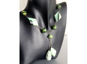 Vintage 925 Green Tone Glass & Stone Bead Lavalier Style Necklace