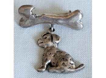 Sweet Dog & Bone Sterling Silver Dangling Charm Brooch