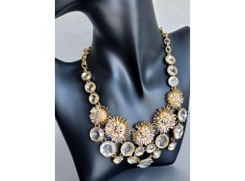 Fancy Gold Tone Flowers & Crystal Circles Bib Statement Necklace