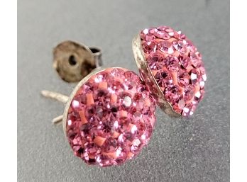Sterling Silver & Pink Pave Crystal Post Stud Pierced Earrings