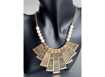 Gold Tone & Faux Pearl Vintage Cleopatra Style Bib Necklace