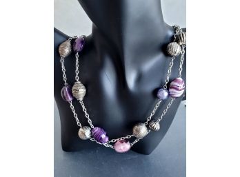 Pretty Purple Glass  & Silver Tone Station Beads Necklace
