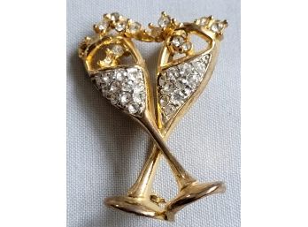 Champagne Toast - Gold Tone 'Cheers' Champagne Brooch