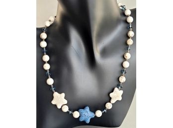 Nice Blue & White Tones Necklace With Ceramic Star Beads