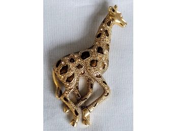 Large Gold Tone, Enamel & Rhinestone Giraffe Brooch