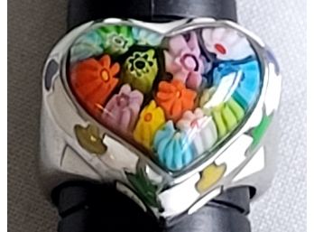 Colorful Millifiore Style Glass Heart Shaped Band Ring