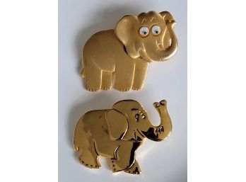 Two Cute Trunk Up Gold Tone Vintage Elephant Brooches