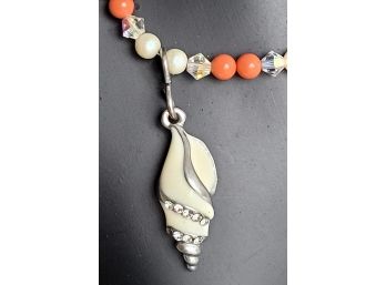 Sweet Coral Colored Beach Theme Beaded Necklace With Sterling & Enamel Shell Design Pendant