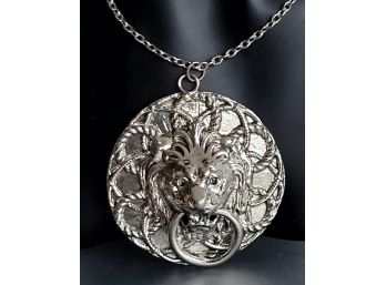 Ornate Statement Silver Tone Lion Door Knocker Design Pendant Necklace