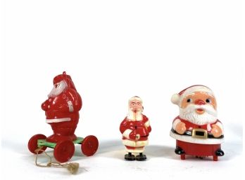 Trio Of Vintage Plastic Santas (1) Ramp Walker (2) On Wheels