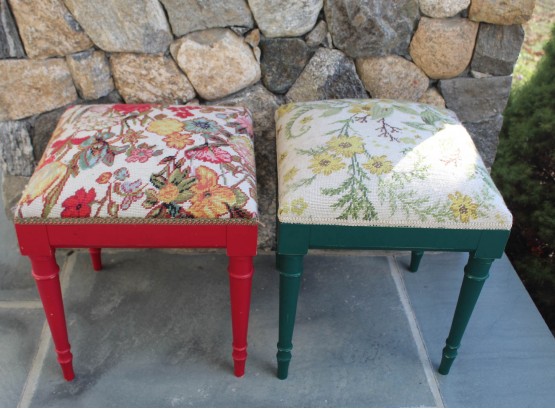 Fantastic Pair Of Stools With Needlepoint Tops (2)