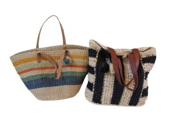 Great Pair Of  Straw Beach/Market Bags With Leather Handles